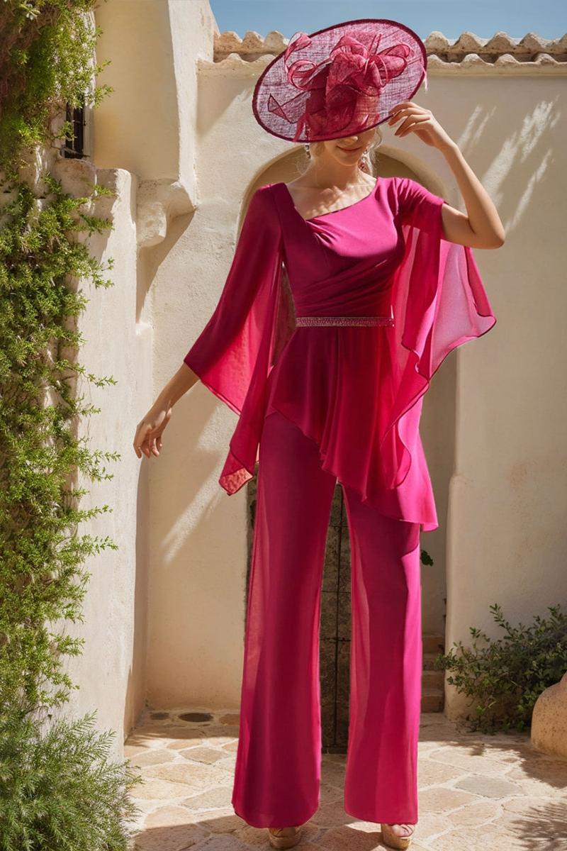 Chiffon Jumpsuit for Mothers with Scoop Neck Long Sleeves and Belt