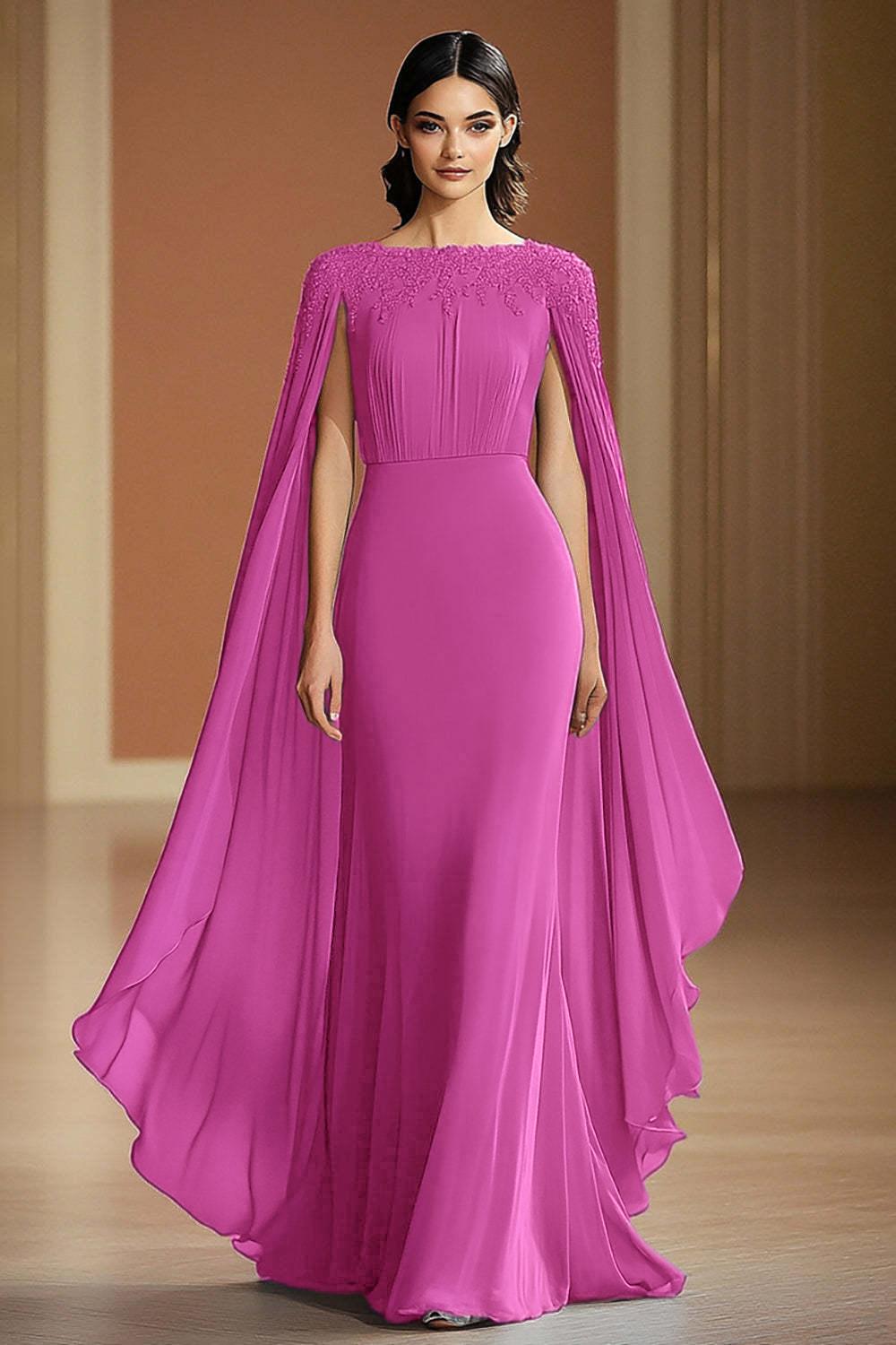 Chiffon Long Grey Blue Wedding Guest Dress Sheath Formal Dress With Shawl
