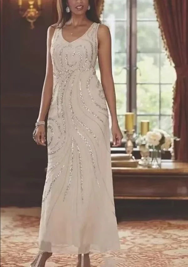 Chiffon Mother of the Bride Dress 3/4 Sleeve Wedding Guest Dress with Beadings