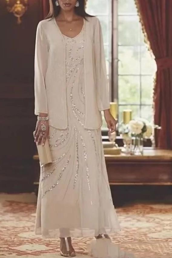 Chiffon Mother of the Bride Dress 3/4 Sleeve Wedding Guest Dress with Beadings
