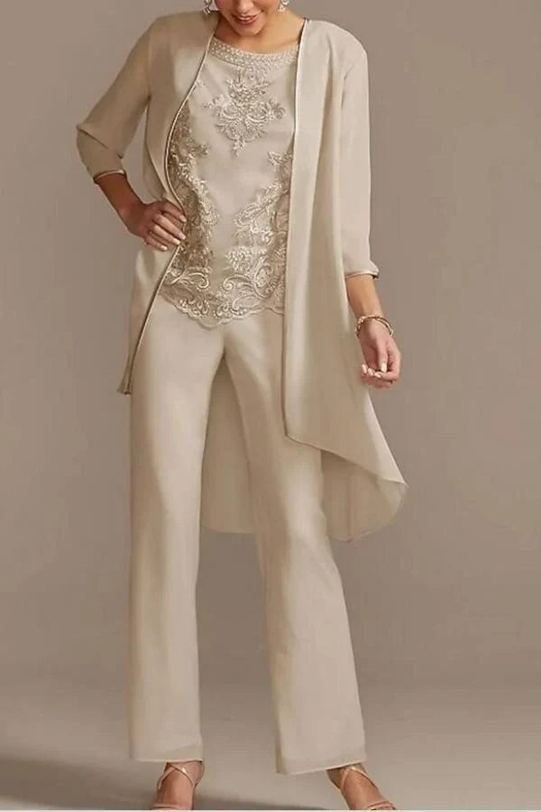 Chiffon Mother of the Bride Pantsuit 3/4 Sleeve Wedding Guest Pantsuit with Appliques