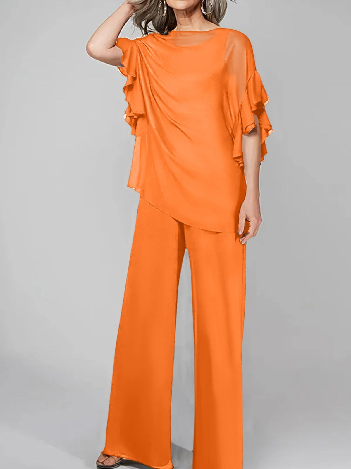 Chiffon Mother of the Bride Pantsuits with Scoop Neck and Half Sleeves