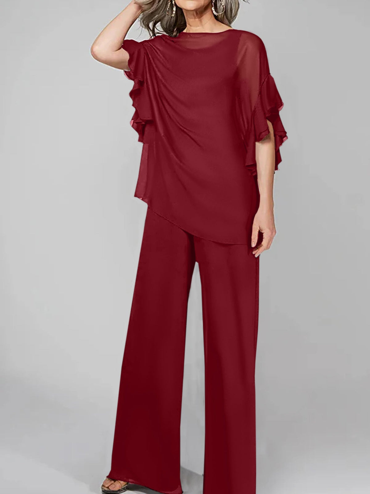 Chiffon Mother of the Bride Pantsuits with Scoop Neck and Half Sleeves