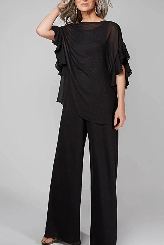 Chiffon Mother of the Bride Pantsuits with Scoop Neck and Half Sleeves