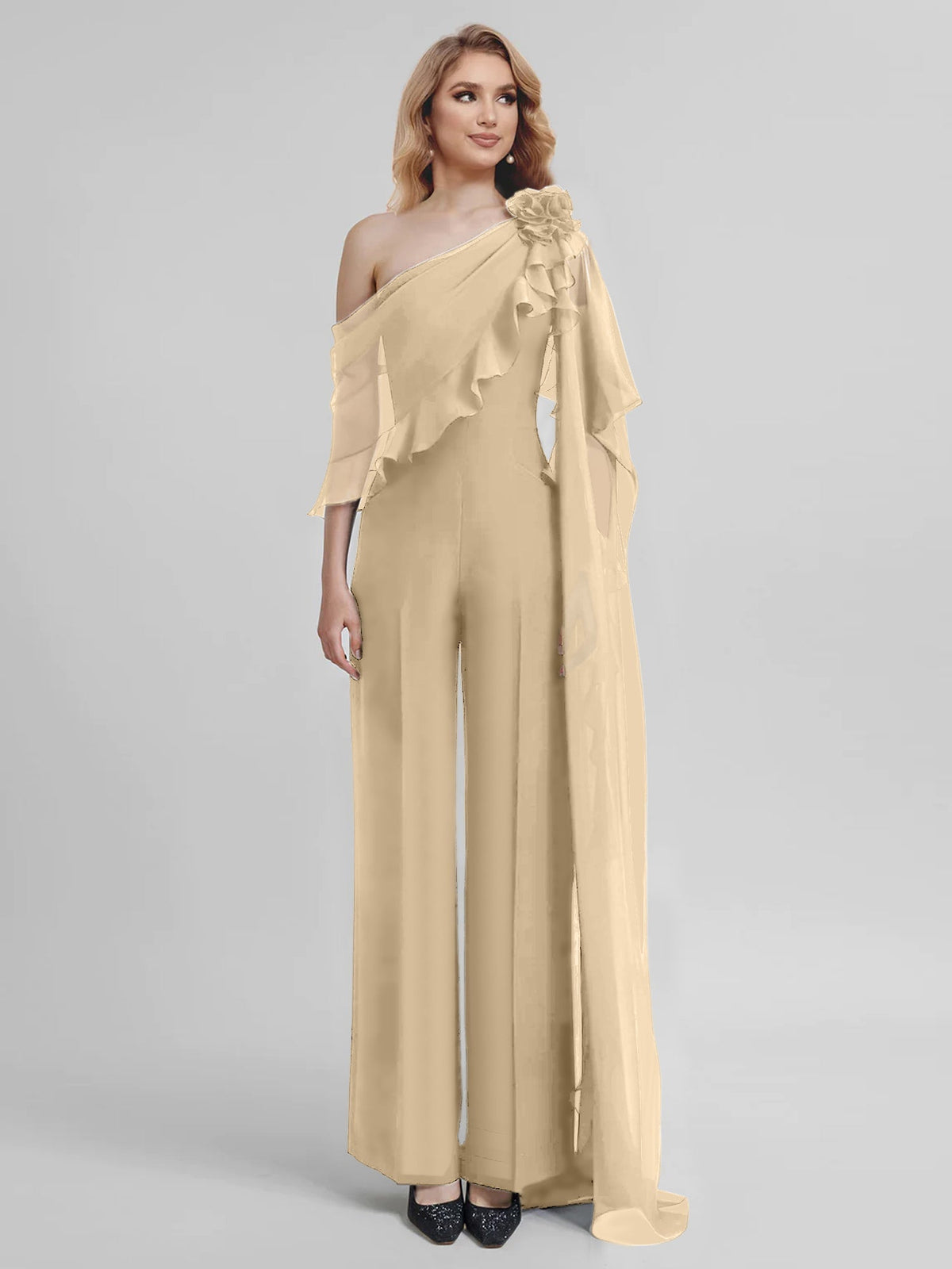 Chiffon One Shoulder Jumpsuits with Half Sleeves for the Mother of the Bride