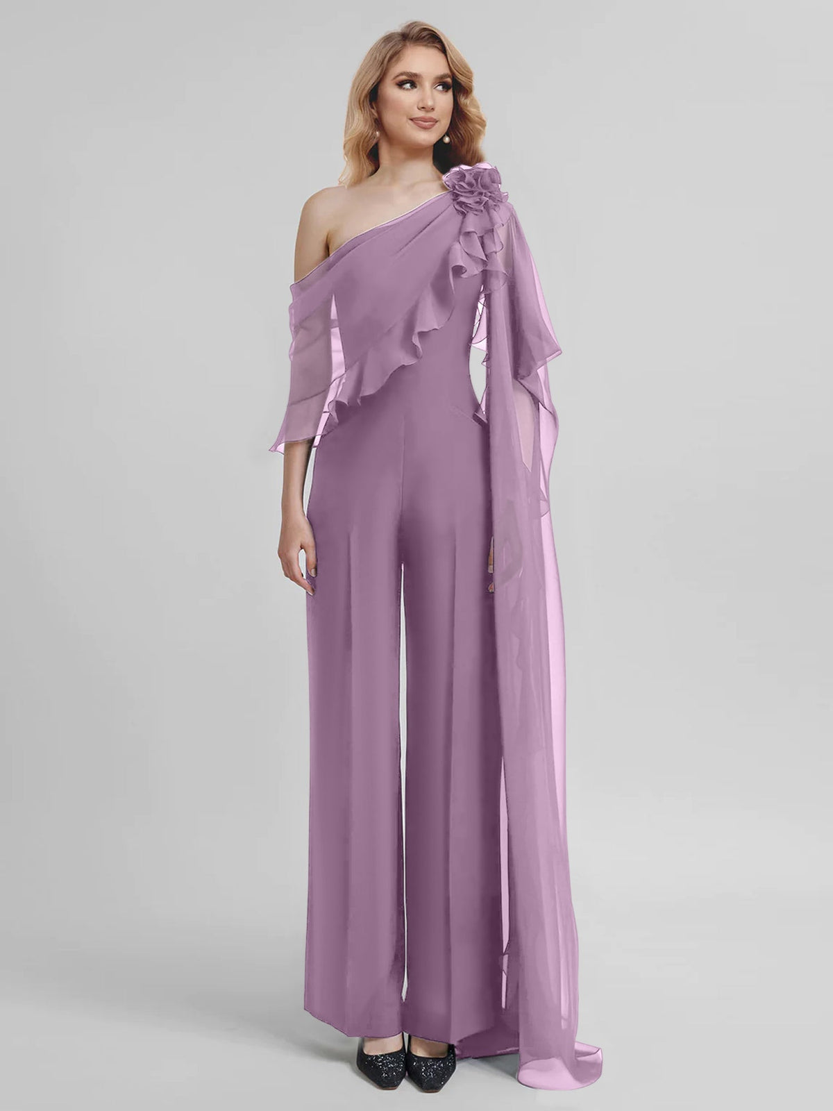 Chiffon One Shoulder Jumpsuits with Half Sleeves for the Mother of the Bride