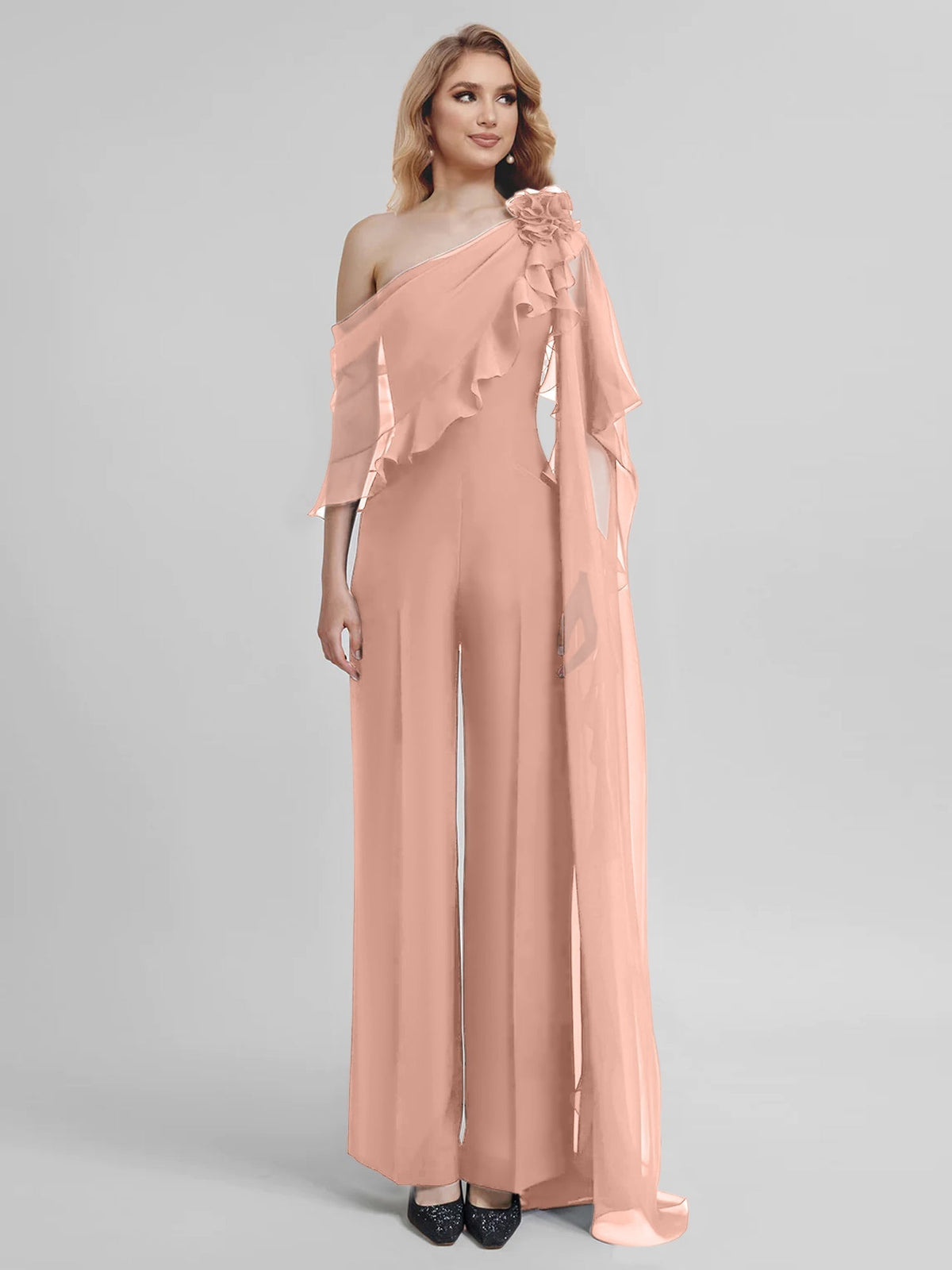 Chiffon One Shoulder Jumpsuits with Half Sleeves for the Mother of the Bride