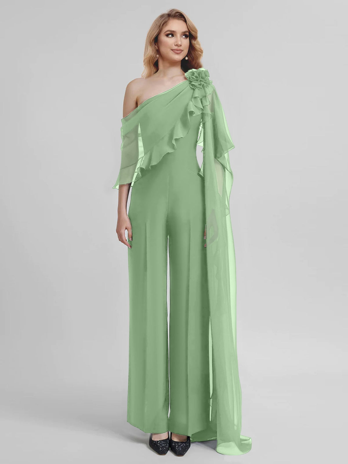 Chiffon One Shoulder Jumpsuits with Half Sleeves for the Mother of the Bride