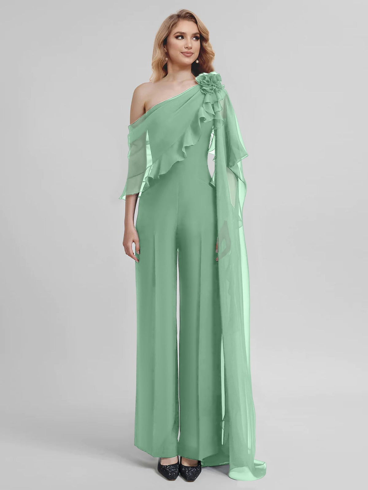 Chiffon One Shoulder Jumpsuits with Half Sleeves for the Mother of the Bride