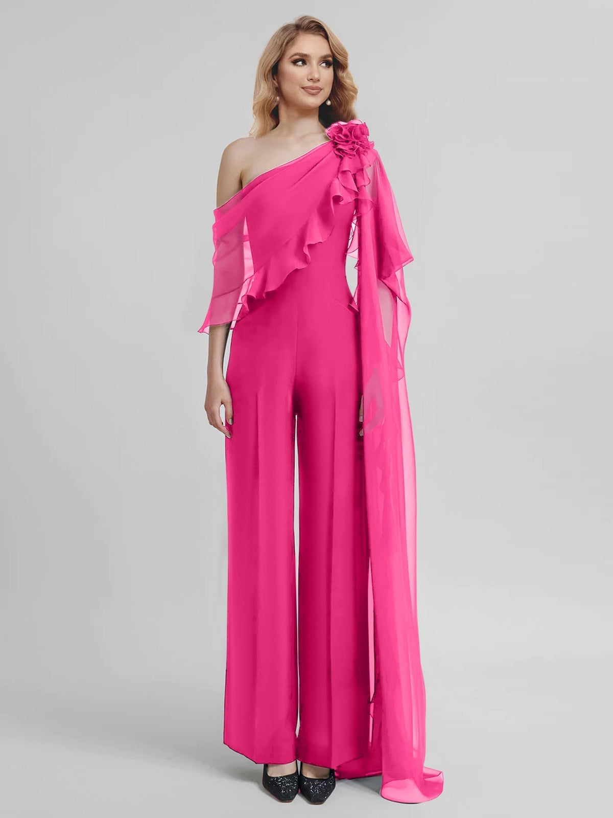 Chiffon One Shoulder Jumpsuits with Half Sleeves for the Mother of the Bride