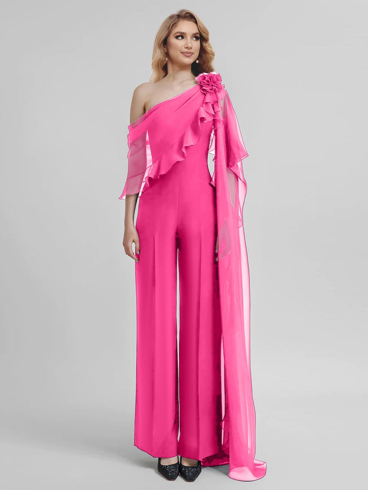 Chiffon One Shoulder Jumpsuits with Half Sleeves for the Mother of the Bride