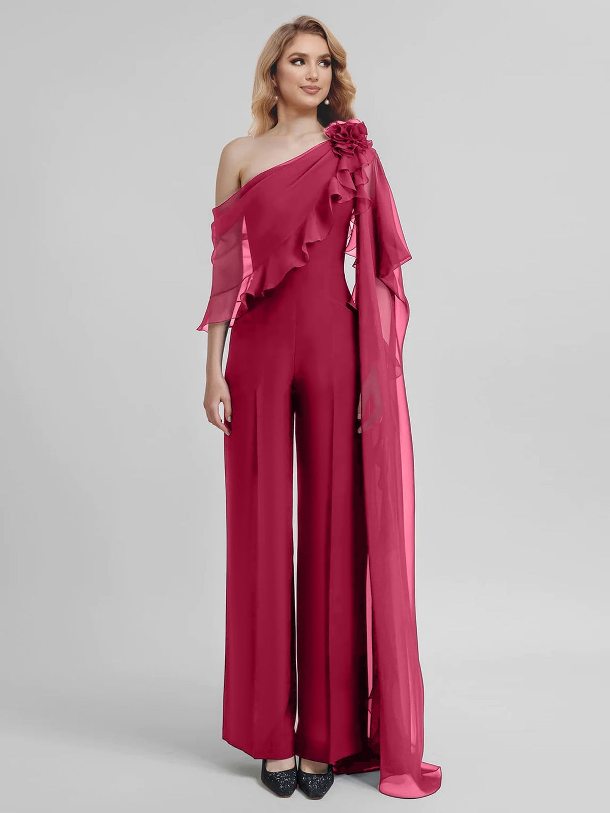Chiffon One Shoulder Jumpsuits with Half Sleeves for the Mother of the Bride