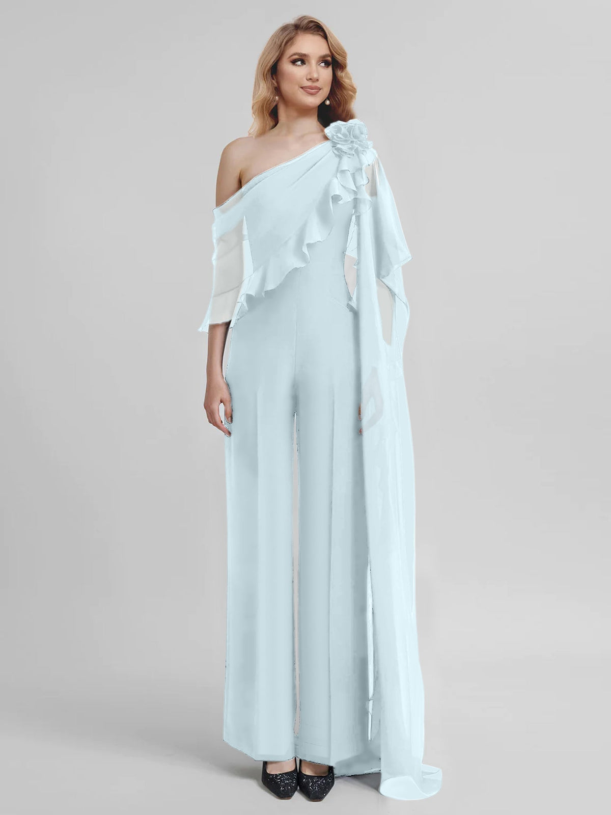 Chiffon One Shoulder Jumpsuits with Half Sleeves for the Mother of the Bride