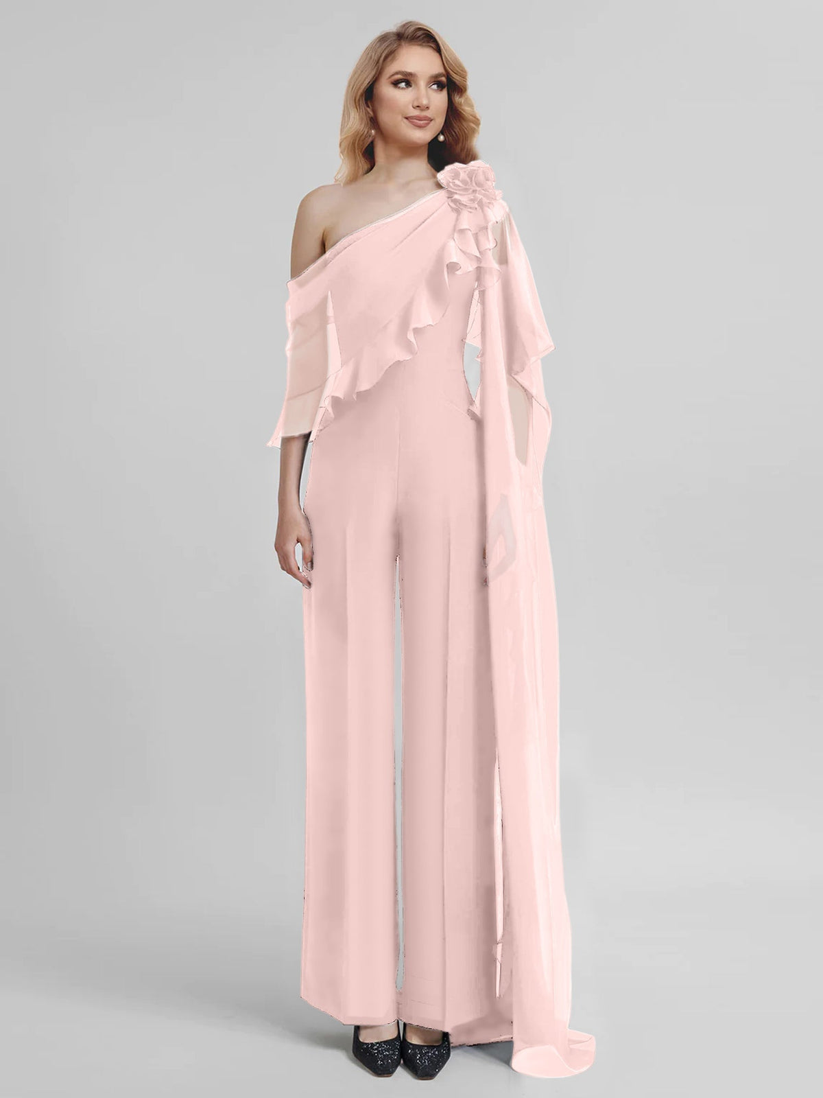 Chiffon One Shoulder Jumpsuits with Half Sleeves for the Mother of the Bride
