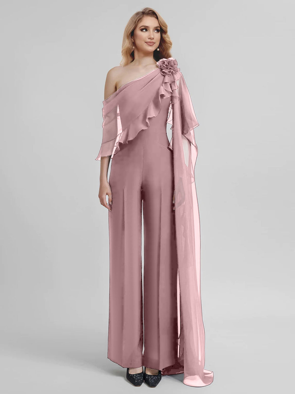 Chiffon One Shoulder Jumpsuits with Half Sleeves for the Mother of the Bride