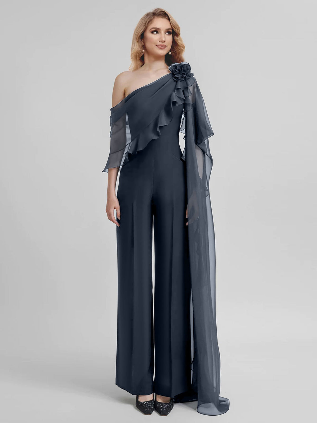 Chiffon One Shoulder Jumpsuits with Half Sleeves for the Mother of the Bride