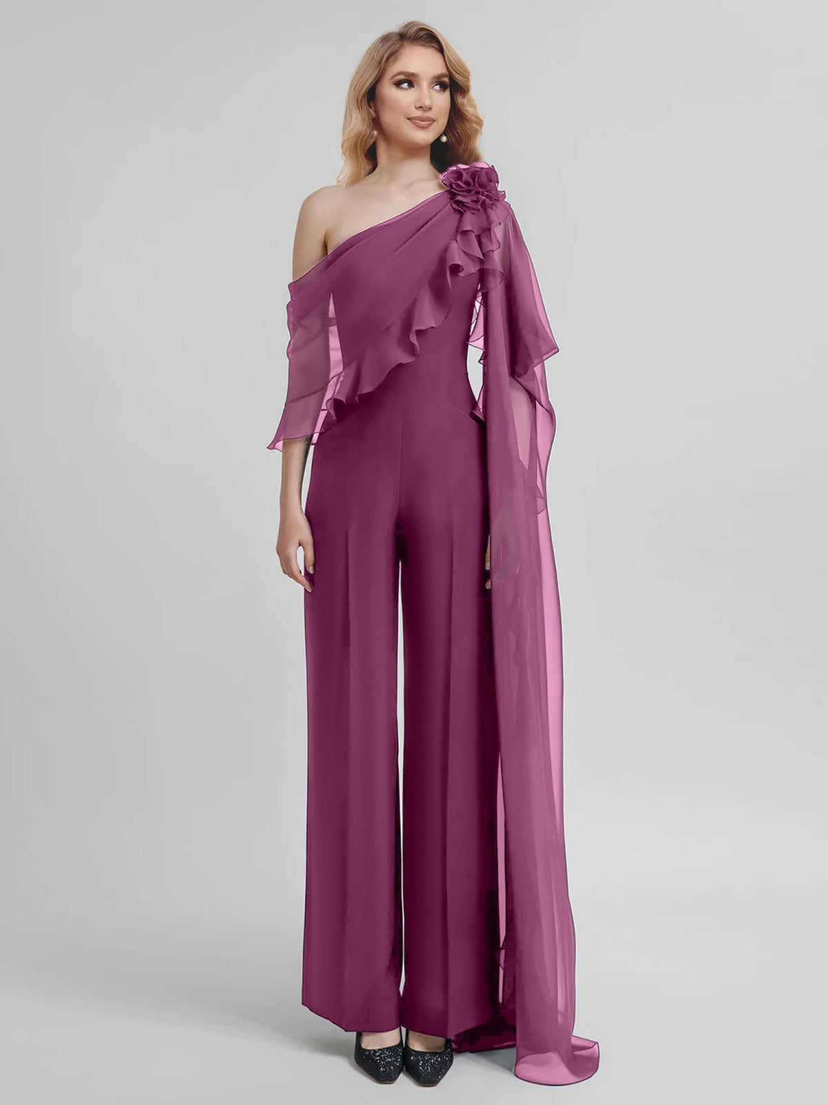 Chiffon One Shoulder Jumpsuits with Half Sleeves for the Mother of the Bride