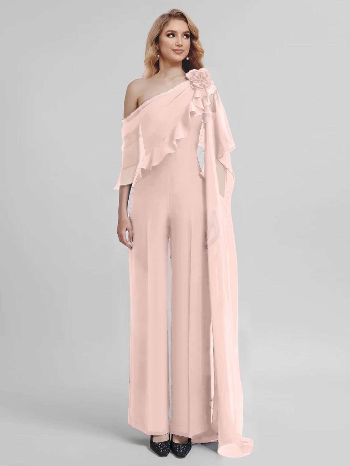 Chiffon One Shoulder Jumpsuits with Half Sleeves for the Mother of the Bride