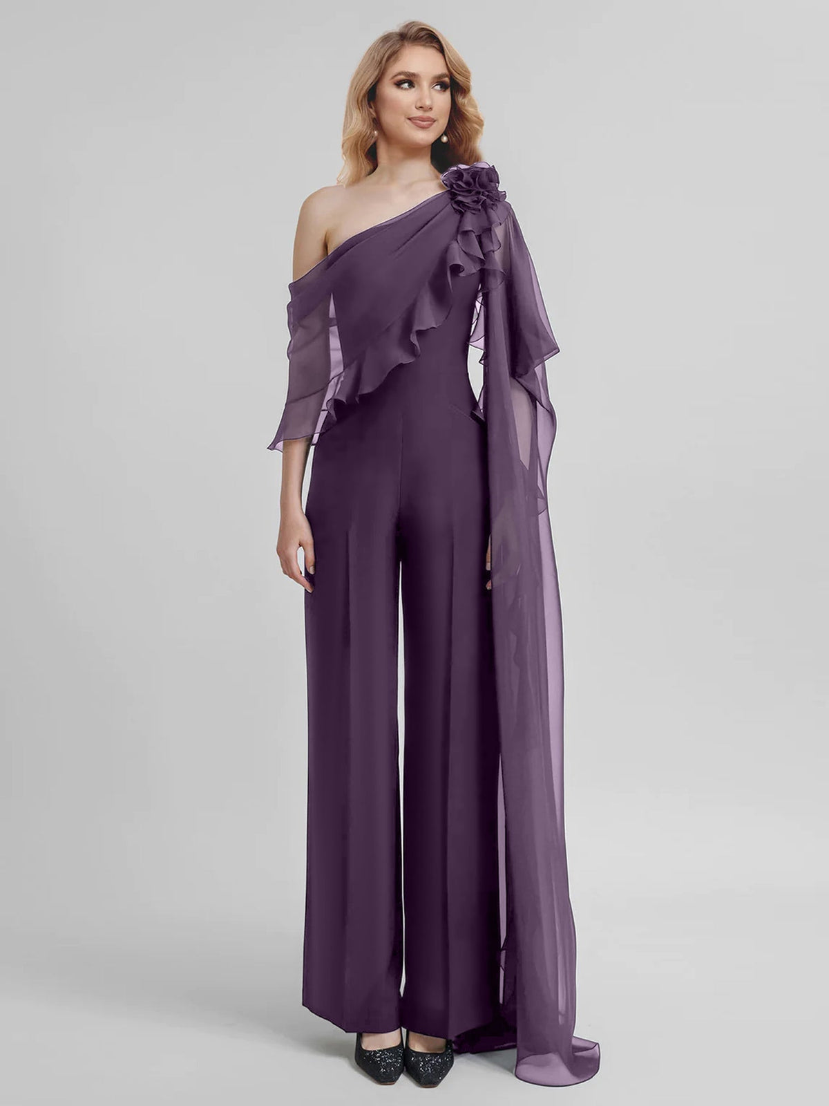 Chiffon One Shoulder Jumpsuits with Half Sleeves for the Mother of the Bride