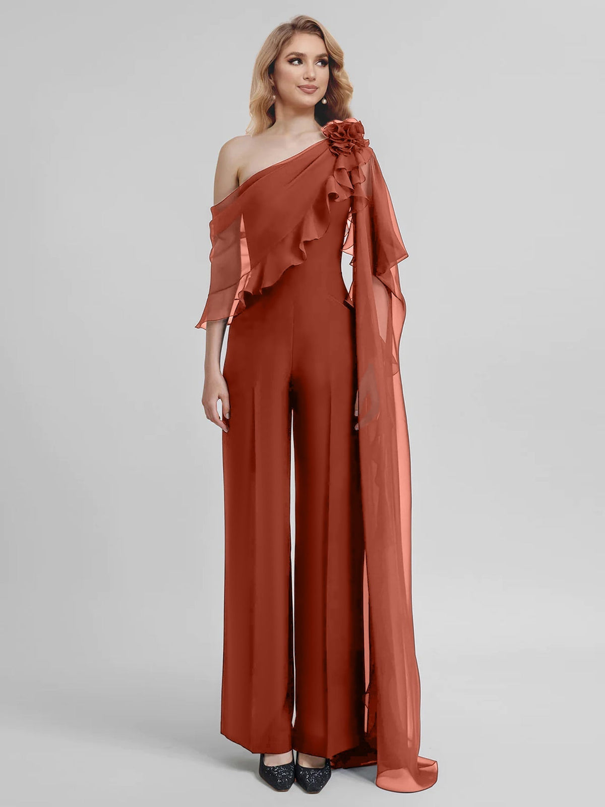 Chiffon One Shoulder Jumpsuits with Half Sleeves for the Mother of the Bride
