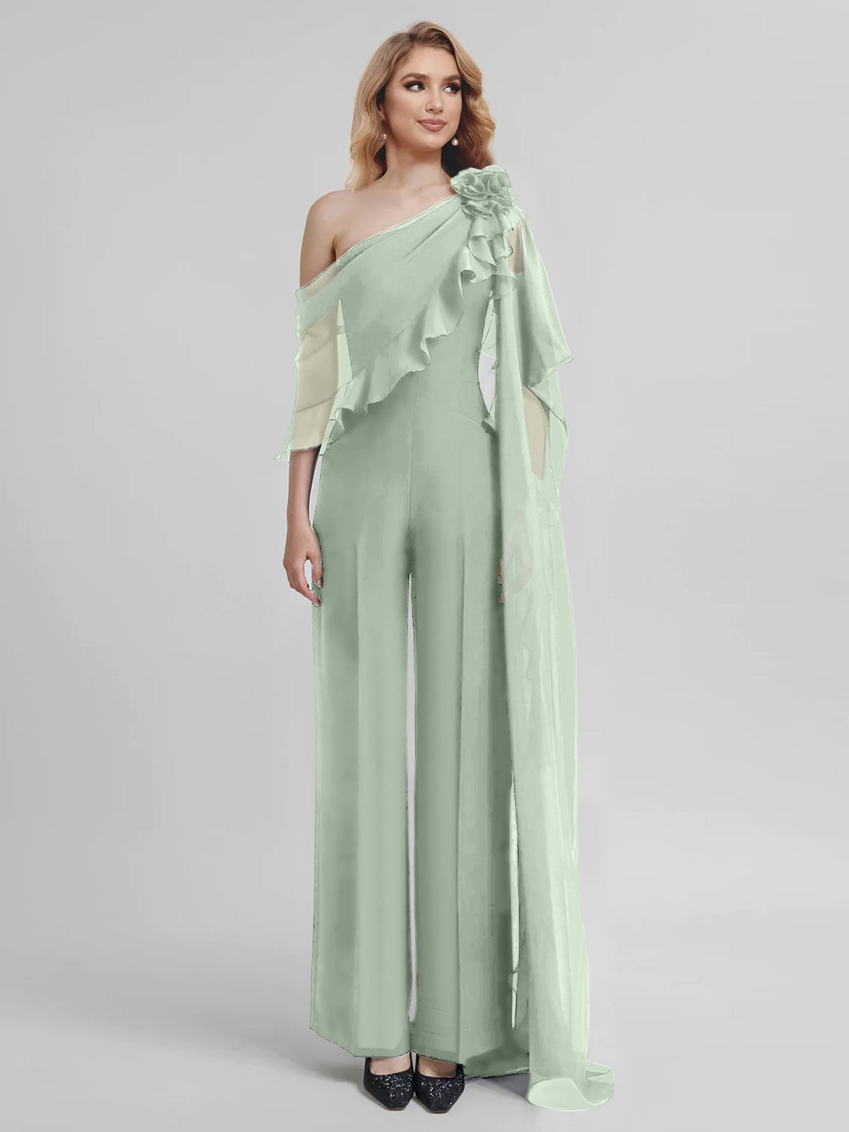 Chiffon One Shoulder Jumpsuits with Half Sleeves for the Mother of the Bride