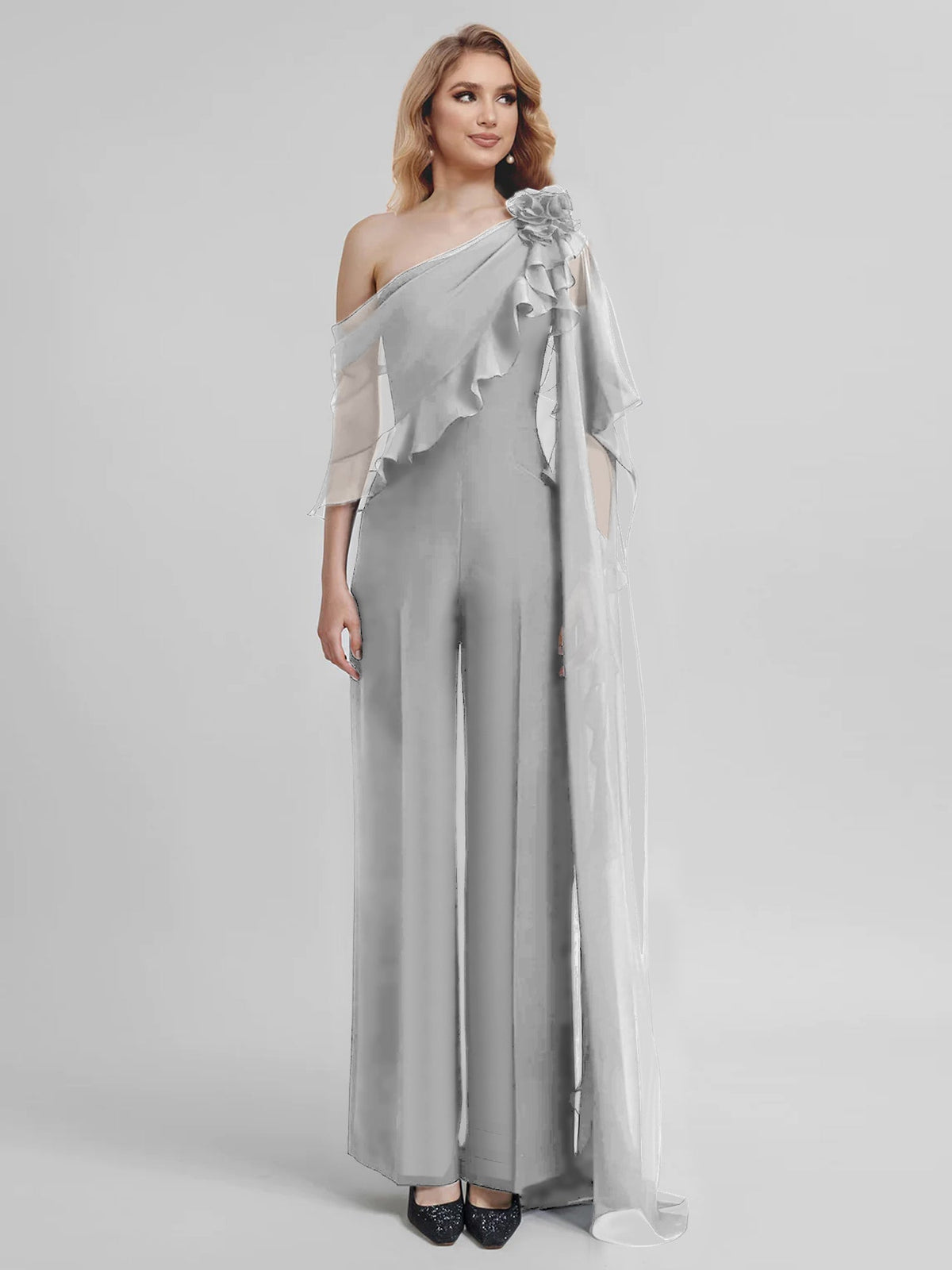 Chiffon One Shoulder Jumpsuits with Half Sleeves for the Mother of the Bride