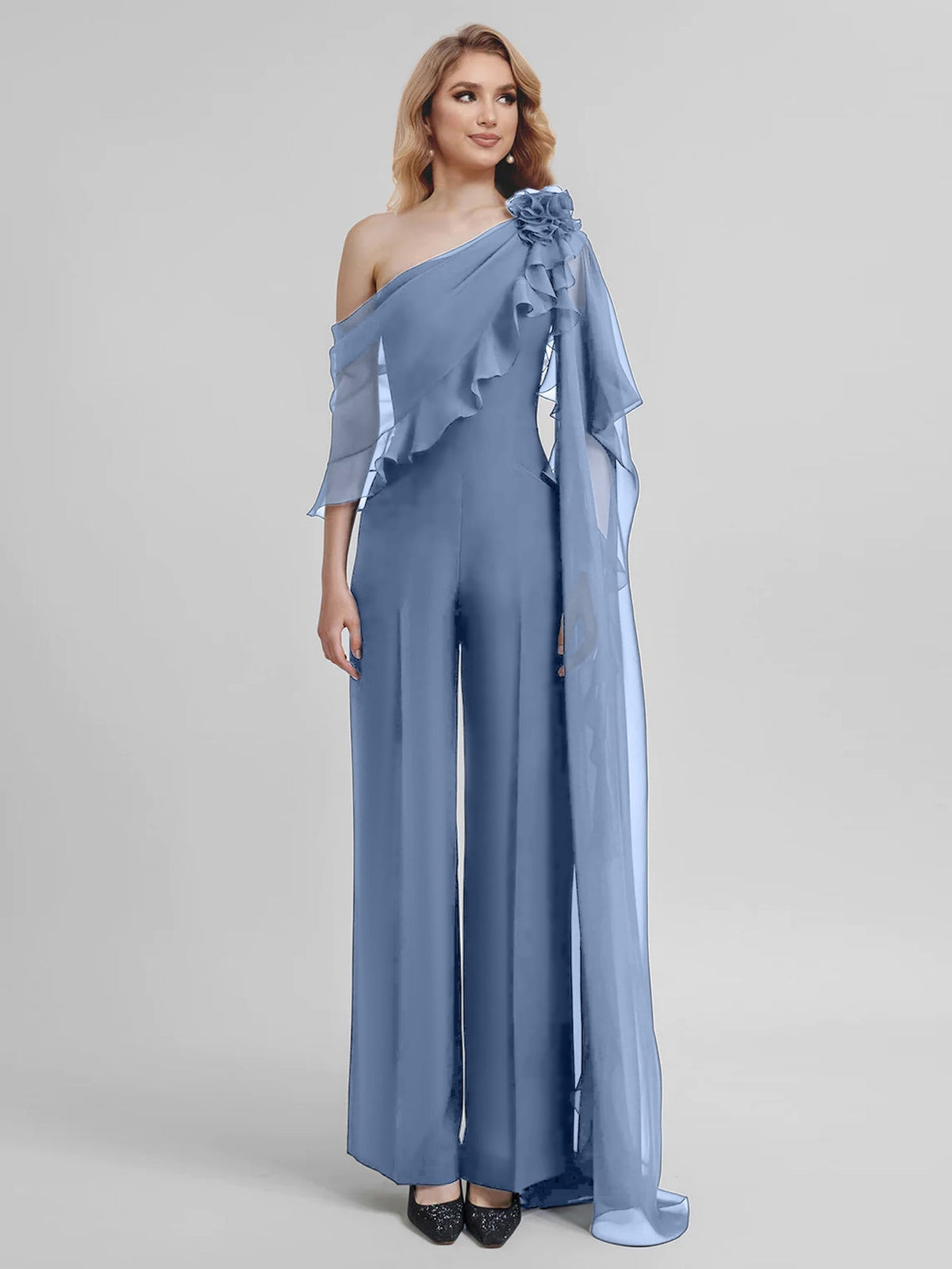 Chiffon One Shoulder Jumpsuits with Half Sleeves for the Mother of the Bride