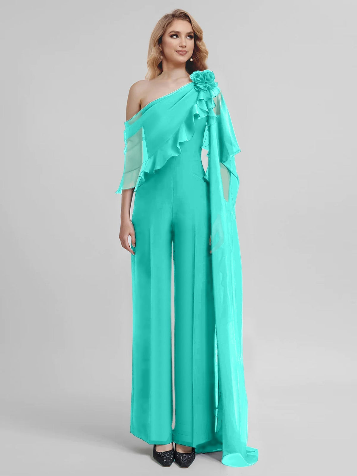 Chiffon One Shoulder Jumpsuits with Half Sleeves for the Mother of the Bride