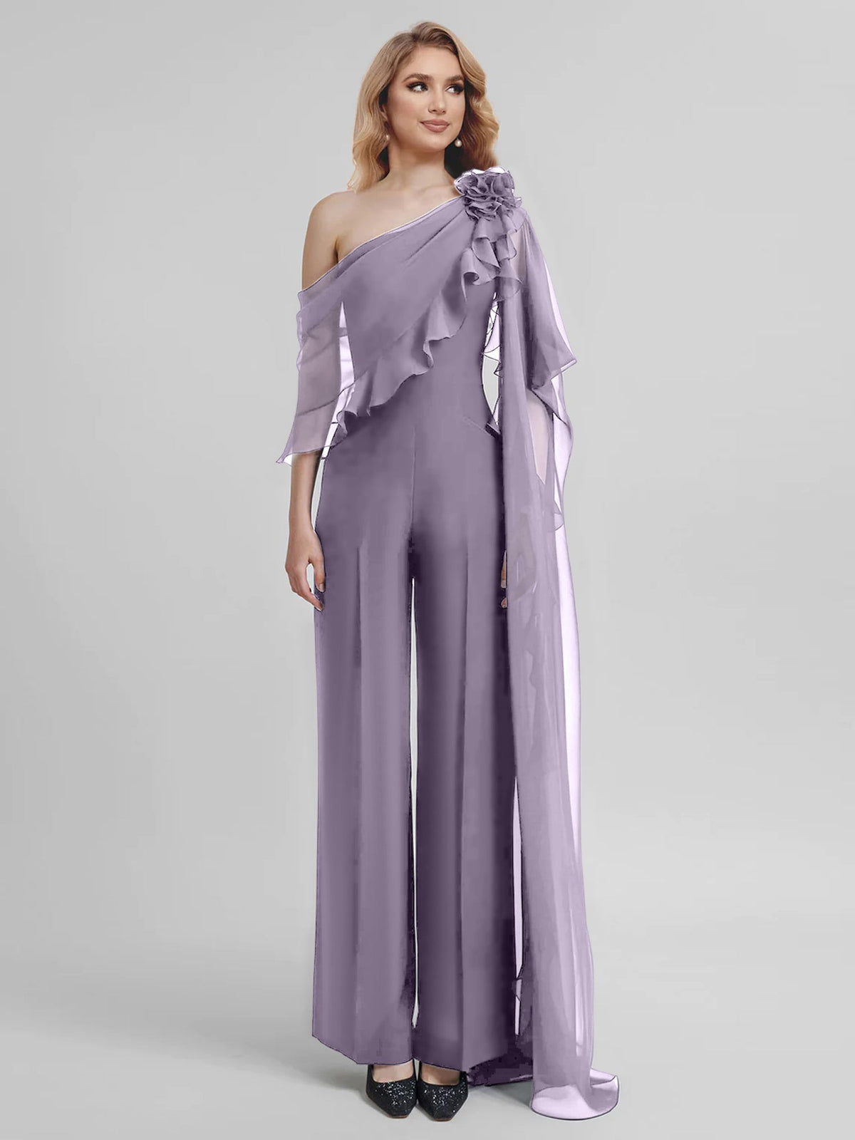 Chiffon One Shoulder Jumpsuits with Half Sleeves for the Mother of the Bride