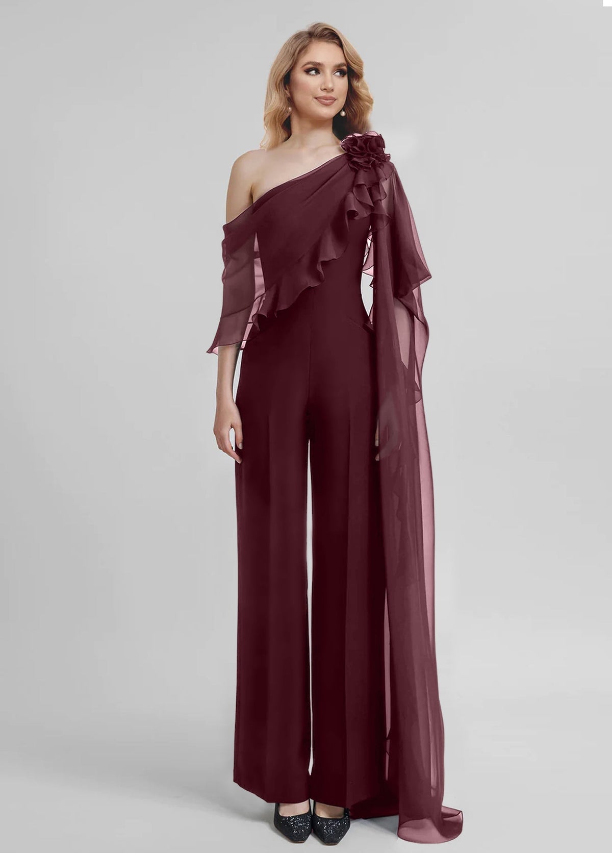 Chiffon One Shoulder Jumpsuits with Half Sleeves for the Mother of the Bride