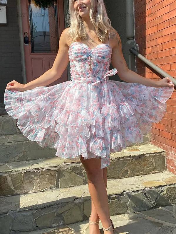 Suzhoufashion Chiffon Printing Ruffle Mini Ball Gown Homecoming Dress With Bow