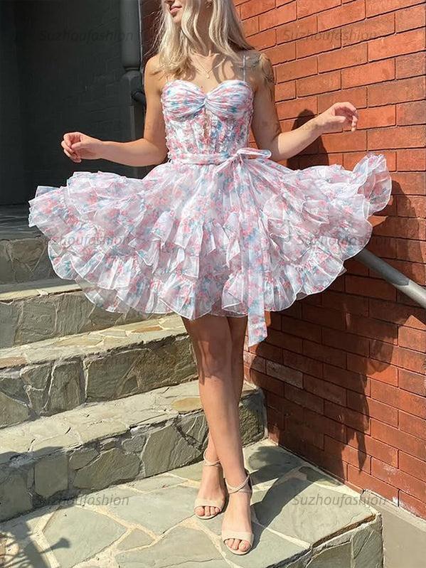 Suzhoufashion Chiffon Printing Ruffle Mini Ball Gown Homecoming Dress With Bow