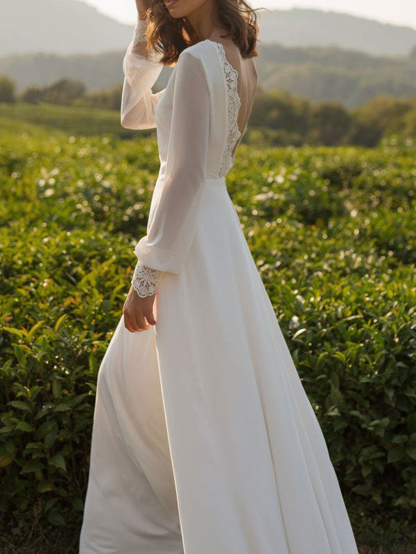 Chiffon White Long Sleeves Backless Lace A-Line Beach Wedding Dresses