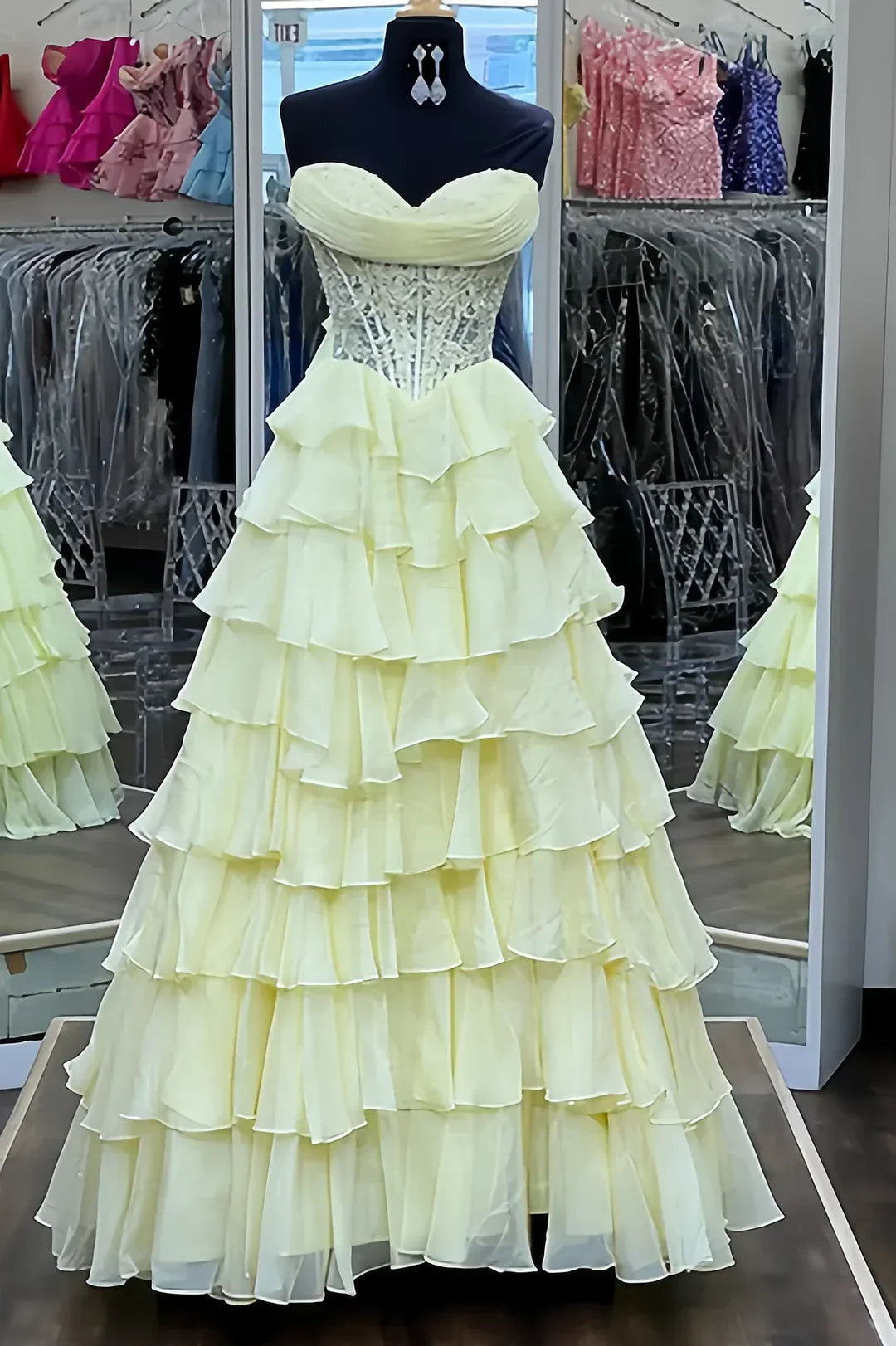 Princess A Line Sweetheart Pink Corset Prom Dress with Appliques Ruffles
