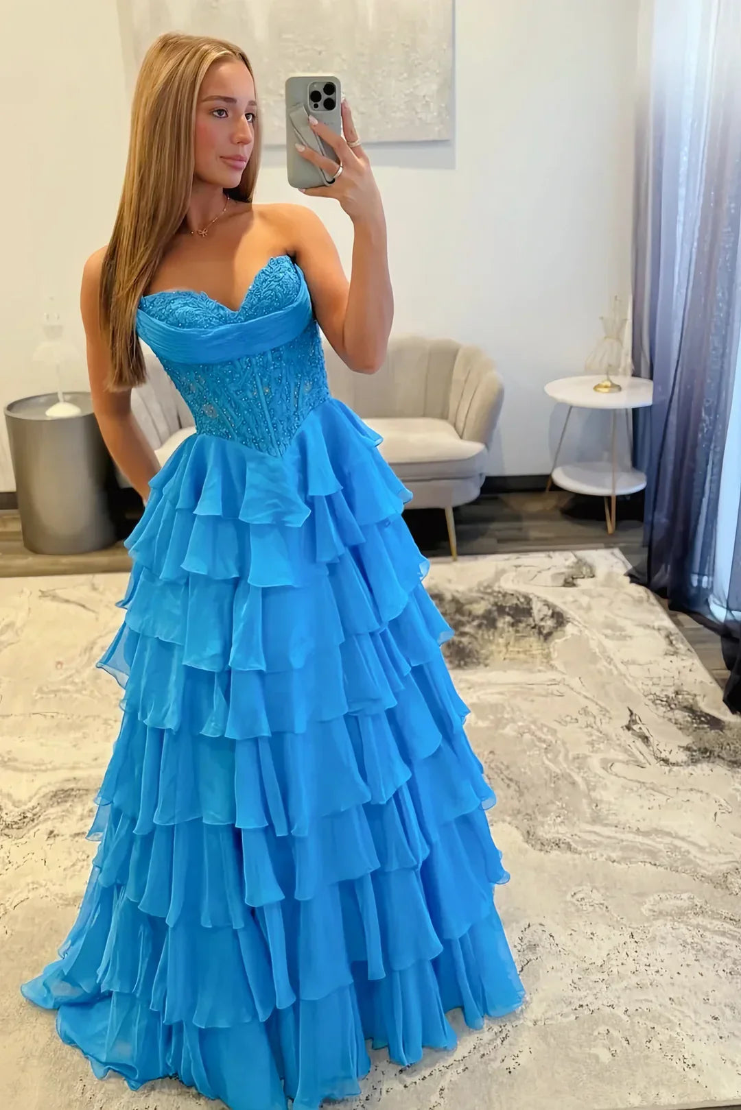 Princess A Line Sweetheart Pink Corset Prom Dress with Appliques Ruffles