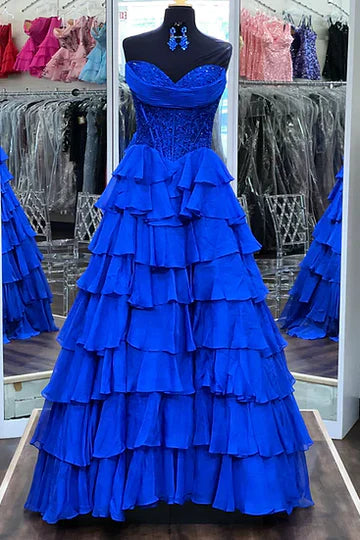 Princess A Line Sweetheart Pink Corset Prom Dress with Appliques Ruffles