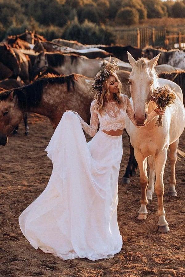 Chiffon Two Pieces Wedding Dresses A-line Long Sleeves Bridal Gown (ZD16244) - VelvetHem