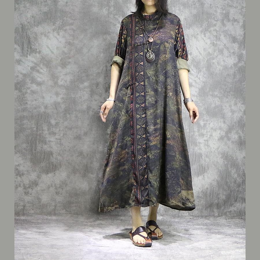Chinese Button silk clothes Women 18th Century Outfits green prints loose Dress summer