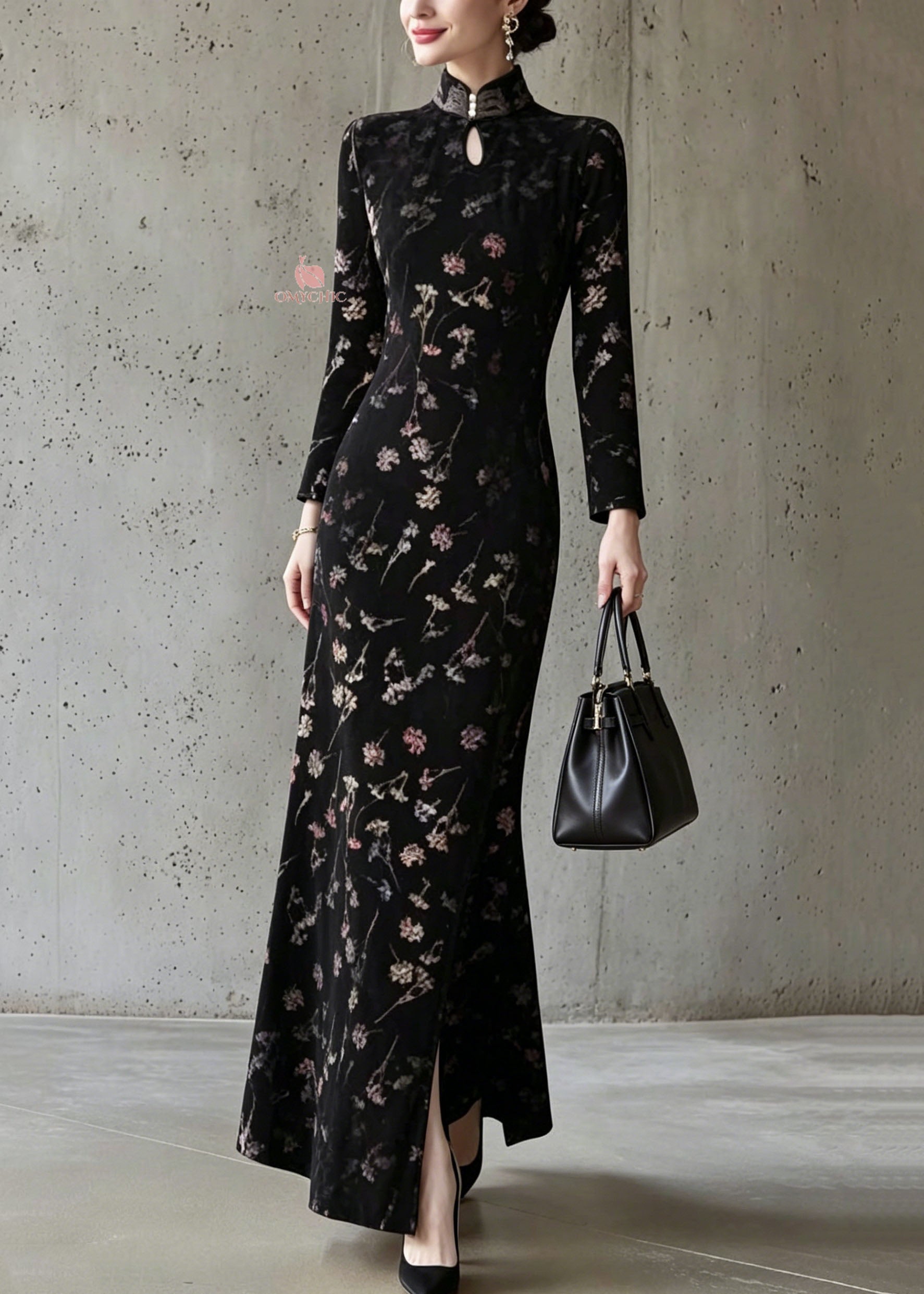 Chinese Style Black Stand Collar Print Cotton Dress Fall