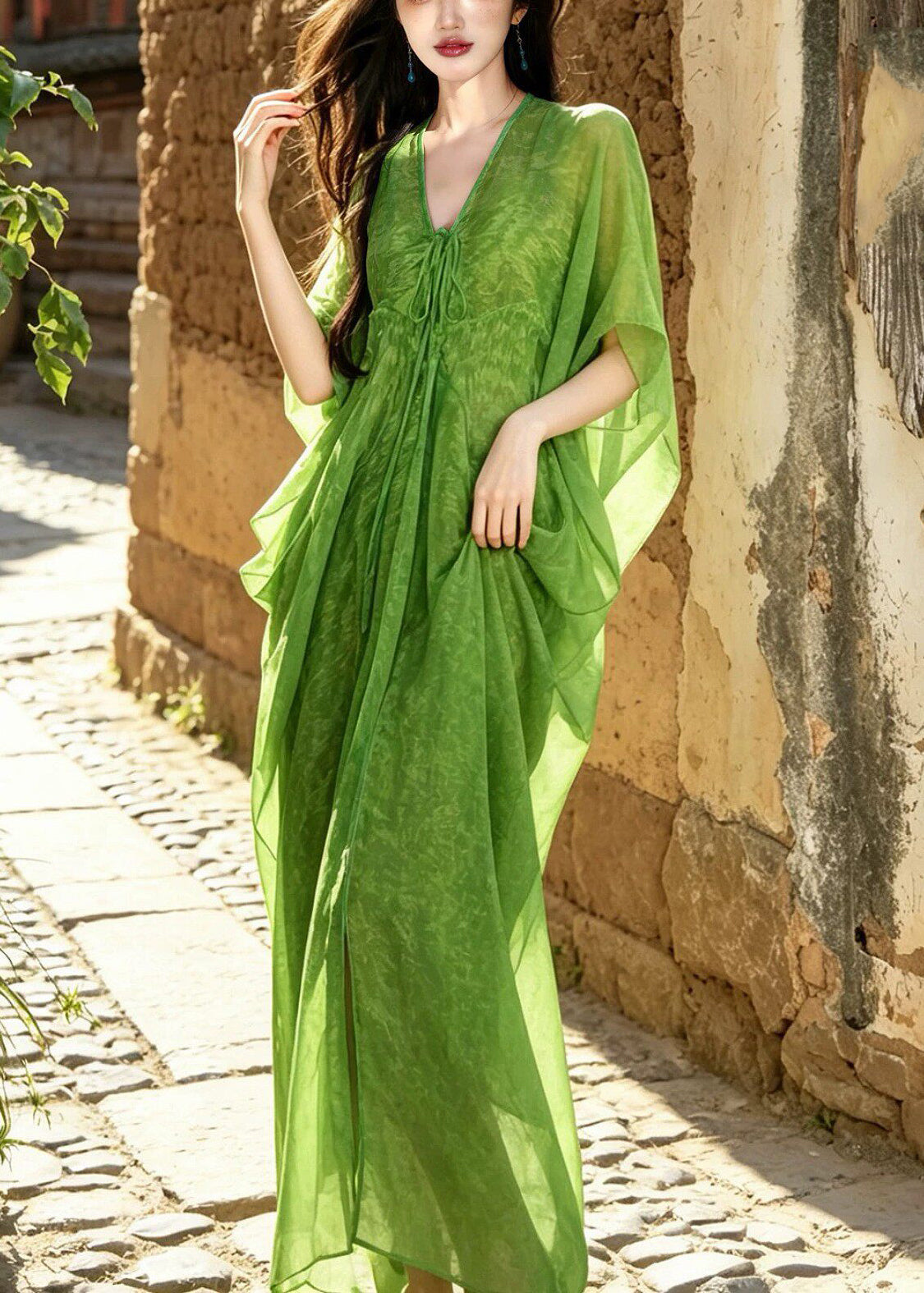 Chinese Style Green V Neck Tie Waist Chiffon Long Dresses Summer