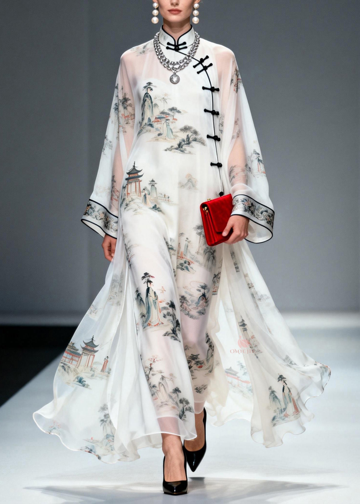 Chinese Style Stand Collar Print Oriental Button Chiffon Dress Spring