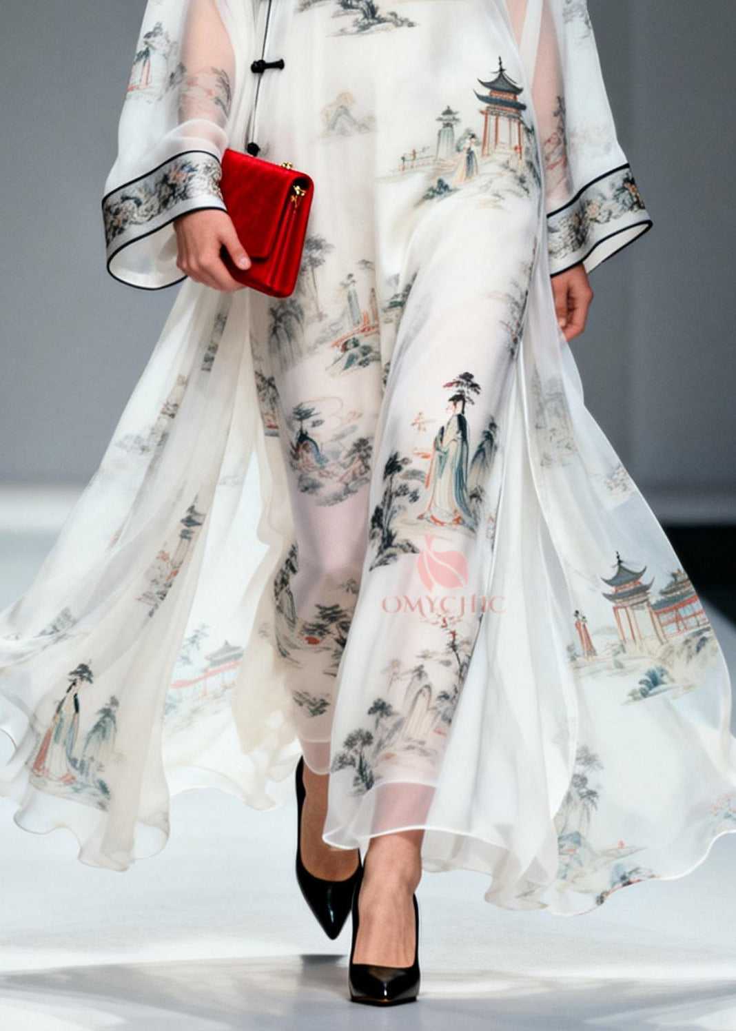 Chinese Style White Print Exra Large Hem Chiffon Dresses Summer
