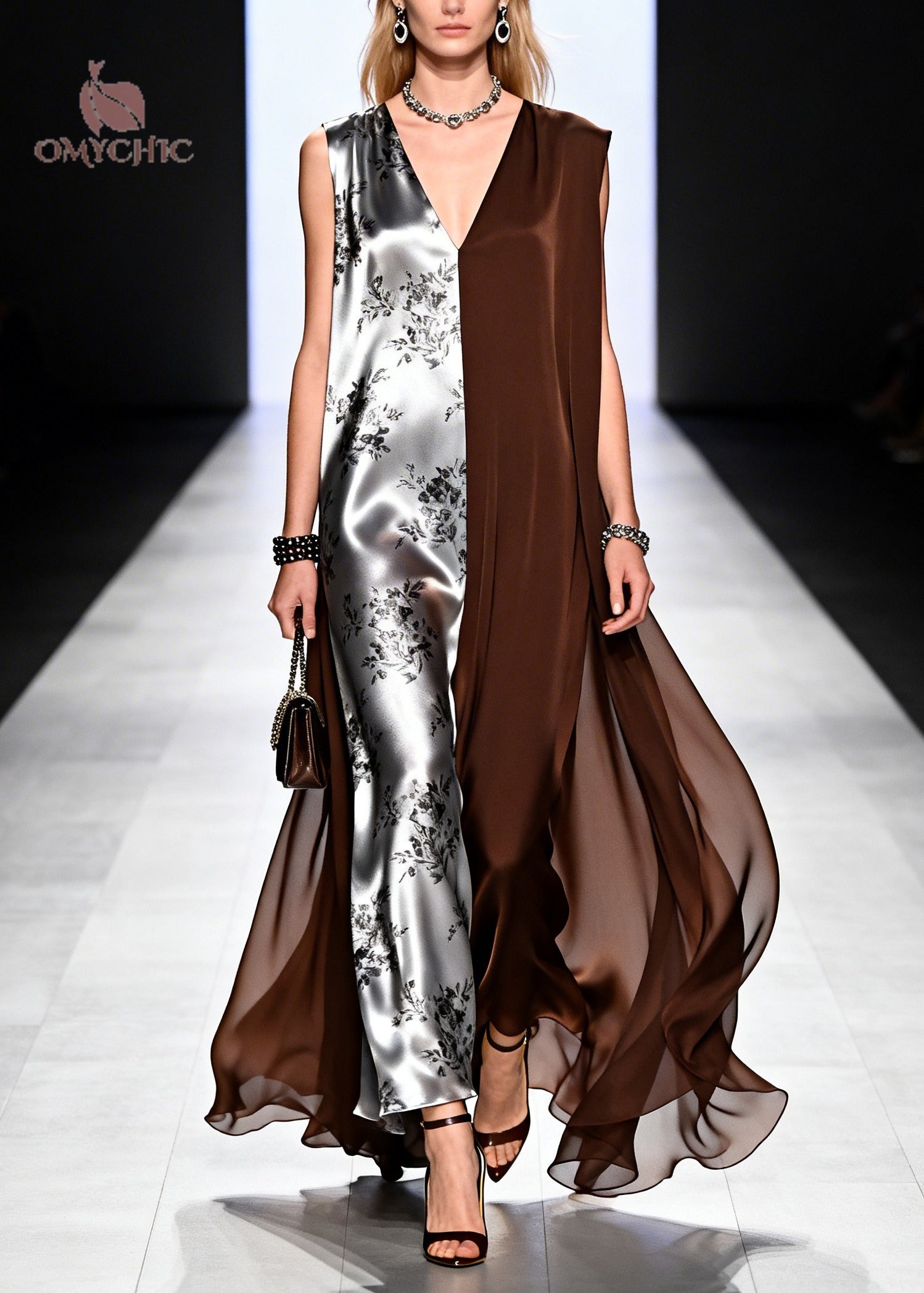 Chocolate Patchwork Chiffon Long Dress Asymmetrical Design Summer