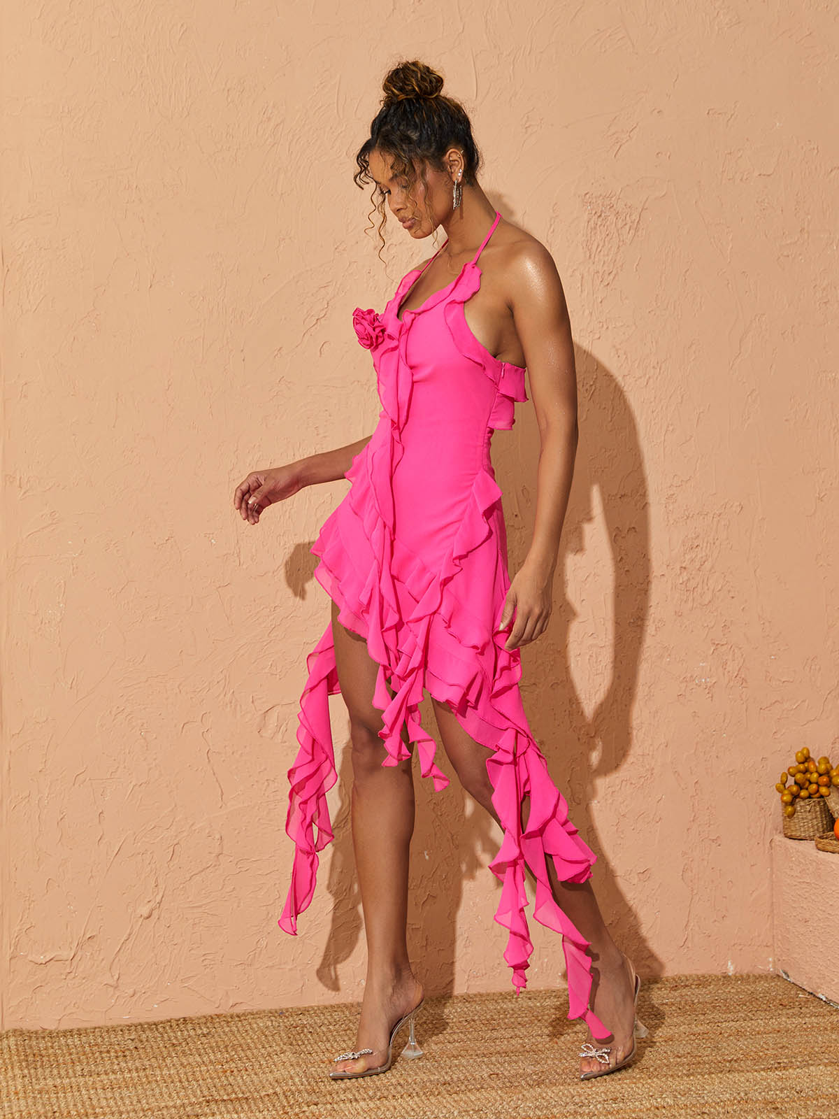 Claire Plunge Mesh Mini Dress In Hot Pink