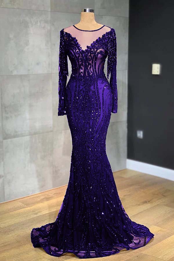 Classic Black Prom Dress Mermaid Evening Formal Dress Long Sleeves Tulle With Sequined