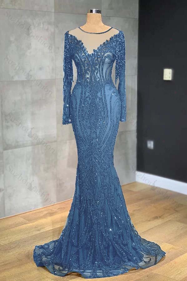 Classic Black Prom Dress Mermaid Evening Formal Dress Long Sleeves Tulle With Sequined