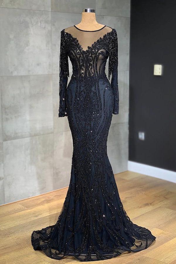 Classic Black Prom Dress Mermaid Evening Formal Dress Long Sleeves Tulle With Sequined