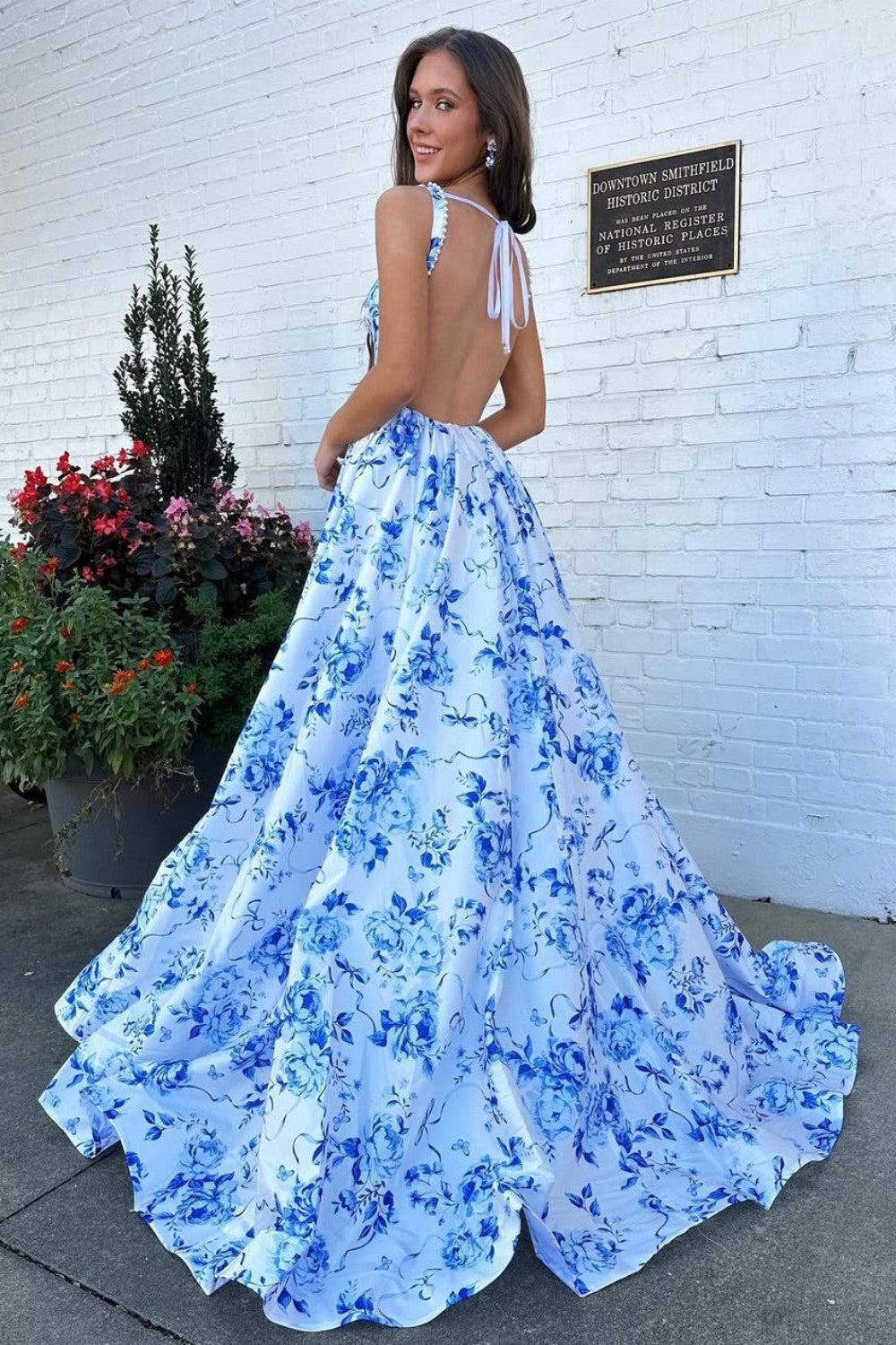 Suzhoufashion Classic Blue Floral A-Line Square Neck Backless Long Prom Gown Formal Evening Gown