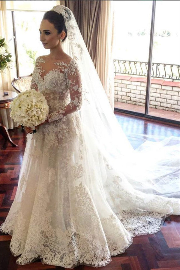 Classic Lace A Line Wedding Dress Long Sleeve with Flowers Custom Made Wedding Gowns BA3455