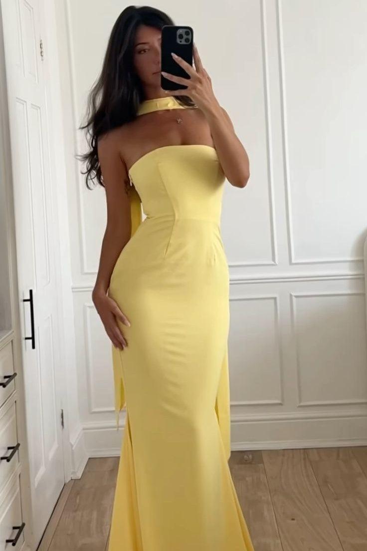 Suzhoufashion Mermaid Strapless Yellow Long Prom Dress With Scarf Formal Evening Gown